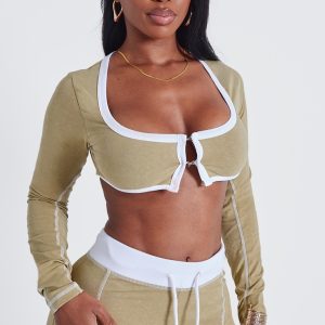 Shape Khaki Washed Cotton Hook And Eye Long Sleeve Crop Top