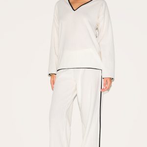 Cream Soft Rib Straight Leg Trousers