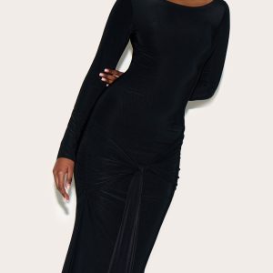 Black Double Layer Slinky Drop Waist Knot Detail Maxi Dress