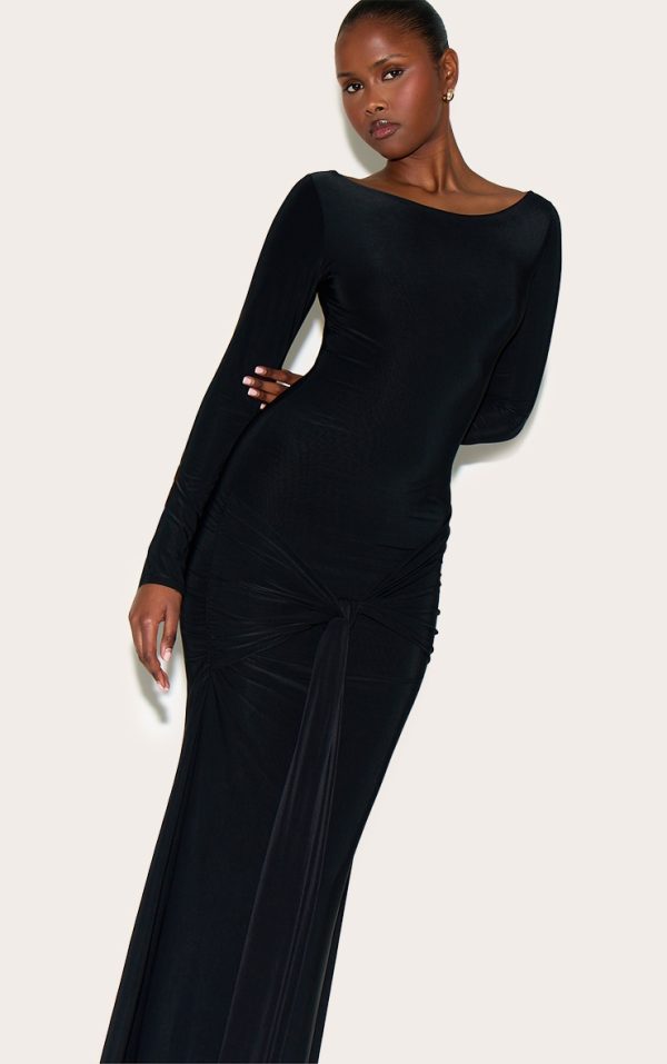 74bbb83b4fcd2eea841c21a259c243b5cabcef47_CNM8956_1_black_double_layer_slinky_drop_waist_knot_detail_maxi_dress
