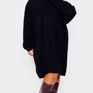 Plus Black Knitted High Neck Rib Jumper Dress
