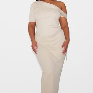 Plus Oatmeal Rib Knit Asymmetric Neck Ruched Side Maxi Dress