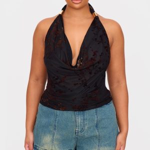 Plus Black Devore Cowl Neck Top