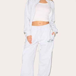 Ash Grey Premium New York Embroidered Wide Leg Joggers