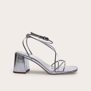 Silver Pu Round Toe Strappy Mid Block Heeled Sandals