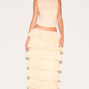 Cream Chiffon Tiered Frill Maxi Skirt