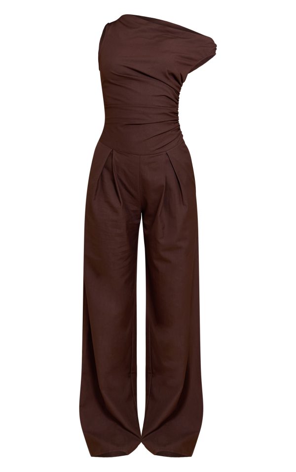 75a37ca8fb4ea17078166a5bb1d545ee1b59bc6d_CNM0442_5_chocolate_woven_ruched_one_sleeve_jumpsuit