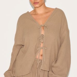 Plus Clay Textured Cheesecloth Tie Front Shirt