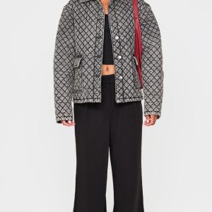 Grey Quilted Effect Pocket Detail Denim Coat