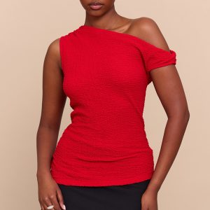 Red Textured Asymmetric Slouched Detail Long Top