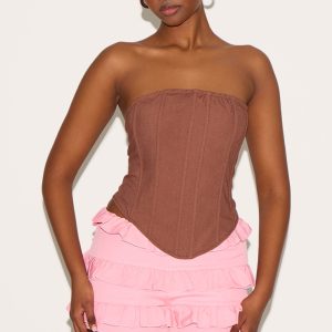 Brown Linen Blend Boned Corset