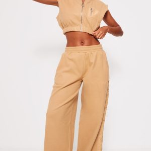 Stone Fleece Contrast Mid Rise Wide Leg Joggers
