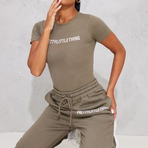 PRETTYLITTLETHING Logo Sage Khaki Short Sleeve Bodysuit