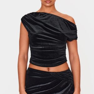 Black Velvet Ruched Detail Top
