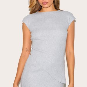 Grey Marl Brushed Rib Asymmetrical Cap Sleeve Long Top