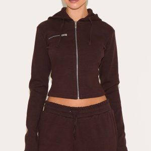 Dark Brown Zip Up Ribbed Track Top