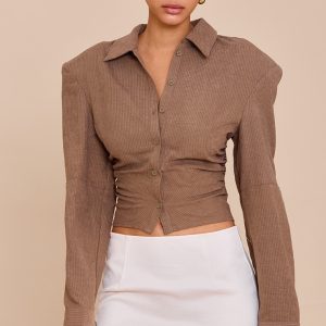 Mushroom Pinstripe Ruched Shoulder Pad Detail Shirt