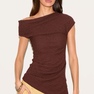 Chocolate Textured Ruched Asymmetric Long Top