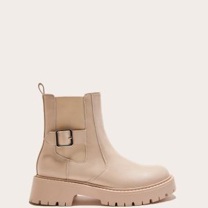 Cream PU Round Toe Chunky Sole Ankle Boots