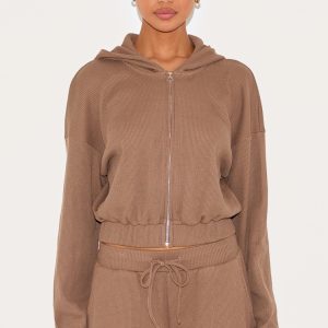 Brown Waffle Zip Up Cropped Hoodie