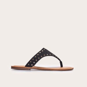 Black Faux Suede Stud Detail Toe Thong Flat Sandals