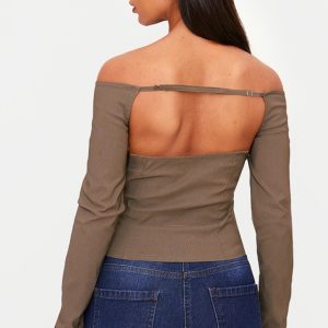 Khaki Bengaline Boatneck Long Sleeve Top