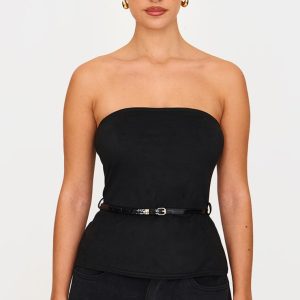 Black Faux Suede Bandeau Belt Detail Long Top