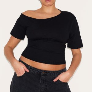 Plus Black Basic Knit Asymmetric Neckline Top