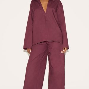 Plum Cotton Poplin Mid Rise Wide Leg Trousers