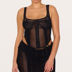 Plus Black Mesh Panelled Boned Corset