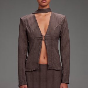 Dark Grey Pinstripe Neck Tie Fitted Blazer