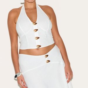 Plus White Woven Halterneck Button Detail Top