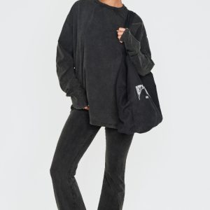 PRETTYLITTLETHING Black Embossed Logo Washed Skinny Flare Trousers