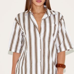Tall Beige Striped Linen Look Oversized Shirt