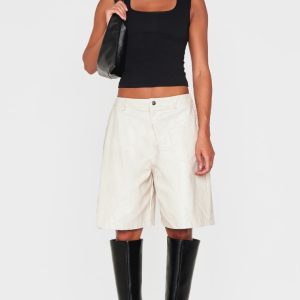 Premium Cream Washed Faux Leather Oversized Long Shorts