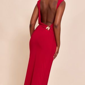 Red Double Layer Slinky Low Back Trim Detail Maxi Dress