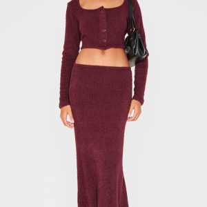 Burgundy Textured Soft Rib Mid Rise Maxi Skirt