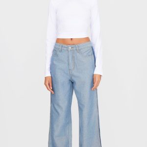 Mid Blue Wash Contrast Panel Denim Straight Leg Jeans