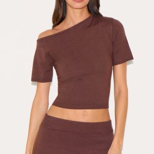 Chocolate Basic Knit Asymmetric Neckline Top