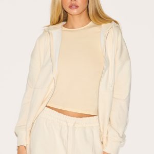 PRETTYLITTLETHING Cream Premium Embroidered Zip Front Oversized Hoodie