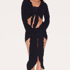 Black Bubble Texture Tie Front Top And Sarong Beach Set
