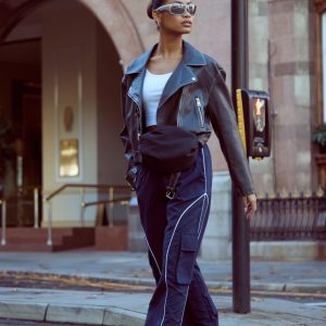 Black Distressed Look Oversized Belted Hem Biker Jacket