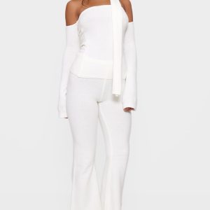 Cream Soft Knit Wide Leg Trousers