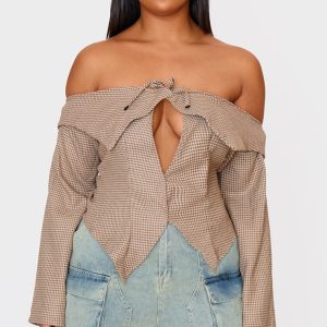 Plus Brown Check Bardot Long Sleeve Top