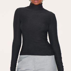 Black Soft Touch High Neck Ruched Sleeve Top