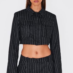 Black Premium Pinstripe Pocket Detail Cropped Shirt