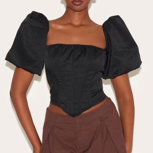 Black Puff Sleeve Woven Corset