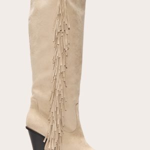 Cream Faux Suede Point Toe Fringed High Block Heel Knee Boots