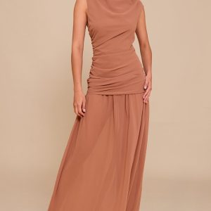 Mocha Chiffon Ruched Dropped Waist Sleeveless Maxi Dress
