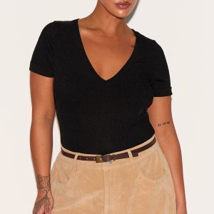 Plus Black Ribbed Plunge Short Sleeve Bodysuit